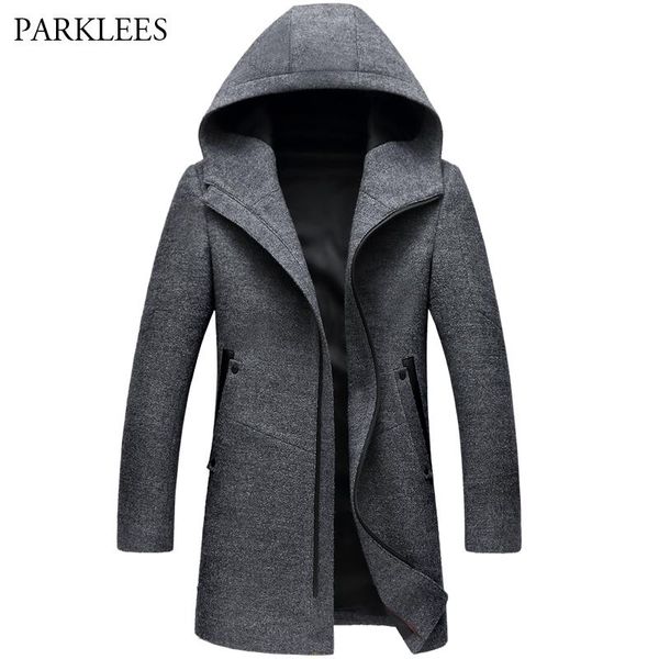 

winter long hooded trench coat men 2021 winter casual men's wool hoodie trench coats zipper slim fit mens windbreaker pea coat, Tan;black