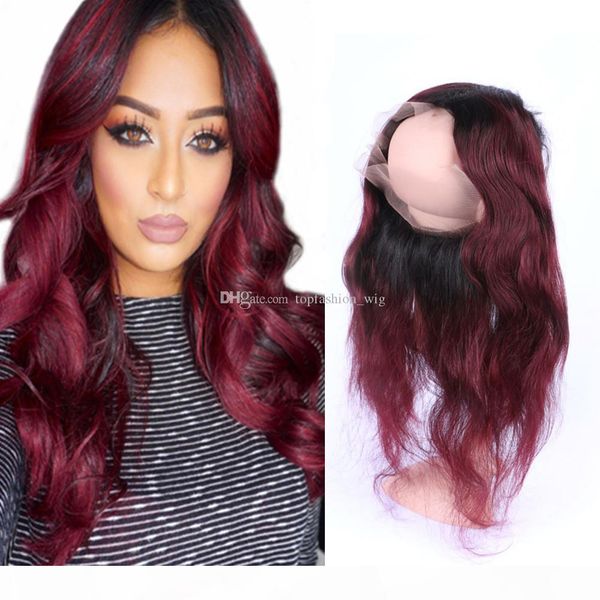 

#1b 99j ombre brazilian natural wave 360 lace frontal closure black and wine red two tone ombre full frontal 360 lace band closure, Black;brown