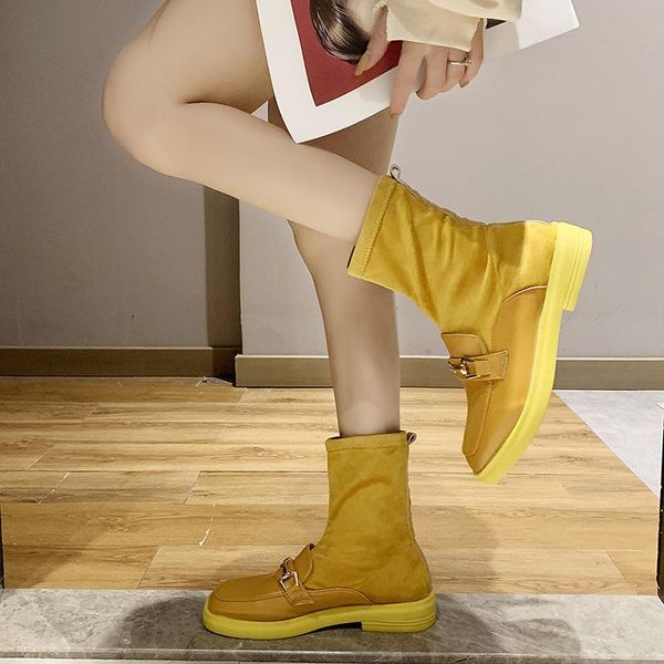 

ins color martin boots women's square heel stretch boots women's hsome locomotive engl thin boot lady shoes -40, Black