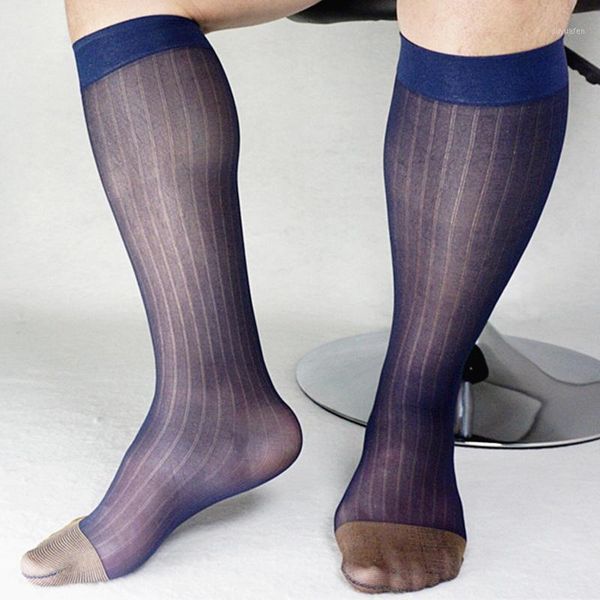 

1 pair men's wide striped toe sheer socks silk high thin breathable softy socks business office stockings black gold blue1