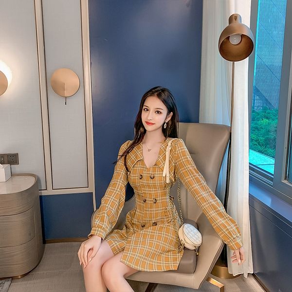 

autumn 2020 new yellow dress french net red waistline show thin lace up plaid lace plaid skirt double breasted skirt for female winter 18by0, Black;gray