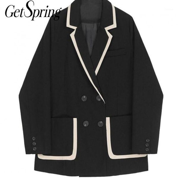 

getspring women blazer black white color matching women blazers jackets black fashion casual suit coat double breasted blazers1, White;black