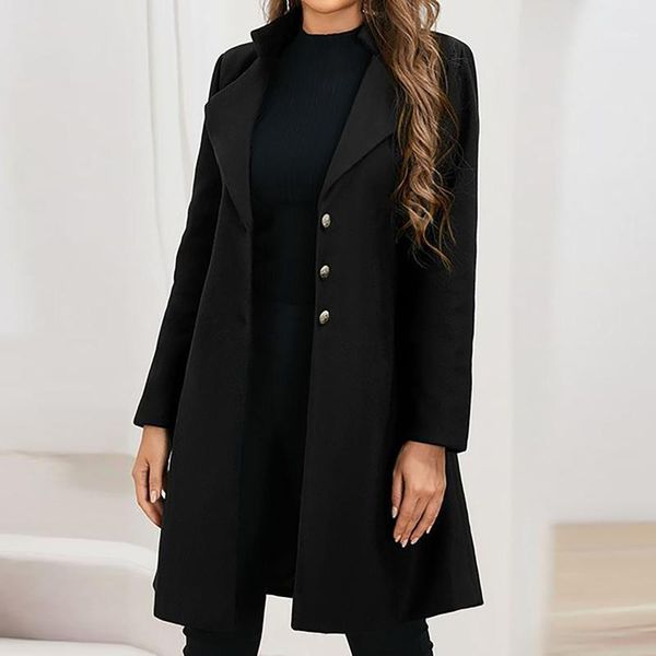 

autumn winter women fashion long sleeve woolen lapel solid colors single breasted vintage ladies long jacket coat outwear#351, Black