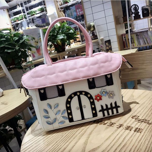 

creative women's bag new korean version of the small house embroidered bag rivet pu single shoulder diagonal handbag sale