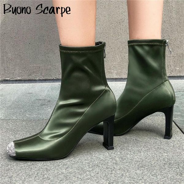 

bling crystal sock boots stretch elastic ankle boots rhinestone toe chunky heel shoes silk sock shoes women designer zipper boot, Black