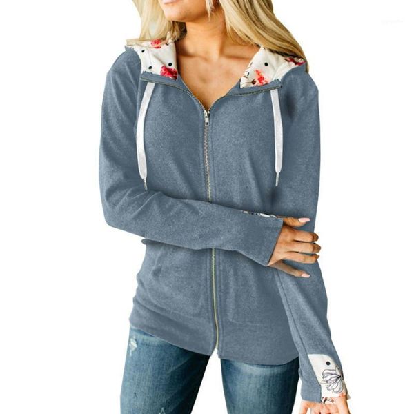 

autumn winter hoodies women long sleeve floral print hood zipper hoodie coat outerwear sweatshirt1, Black