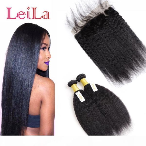 

brazilian kinky straight 2 bundles with 13 x 4 ear to ear lace frontal 100% unprocessed human hair wefts with closure virgin hair extensions, Black;brown