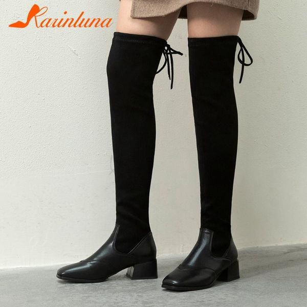 

boots dropship fashion large size 31-48 woman shoes over-the-knee round toe lace-up square thick heels, Black