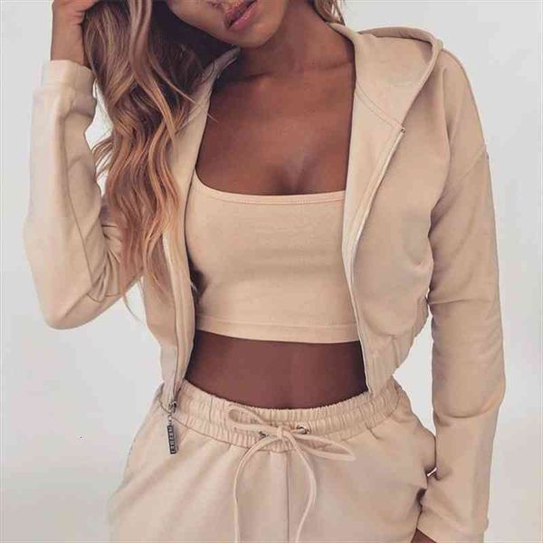 

women autumn sporting 2 piece sets clothes sportwear short hooded zip jackets solid apricot jogger cargo pants tracksuits, White