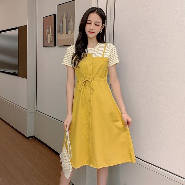 

2020 korean new summer fake two piece yellow zhixun skirt french waist fairy short dress sleeve crew neck dress hwdhq, Black;gray