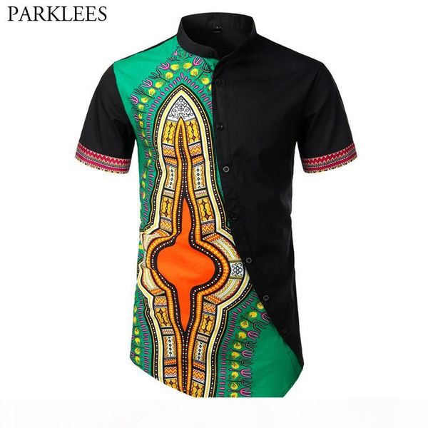 

african dashiki patchwork shirt men 2019 summer stand collar obique button irregular hem african clothing camisa masculina xxl, White;black