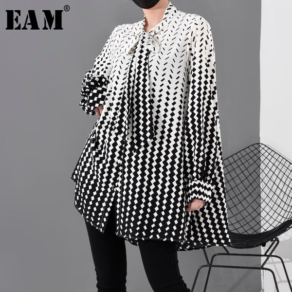 

[eam] women pattern printed chiffon big size blouse new bow collar long sleeve loose fit shirt fashion spring autumn 1r2030 201126, White
