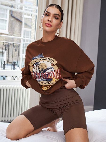 

drop shoulder slogan graphic print pullover d2i9#, White;black