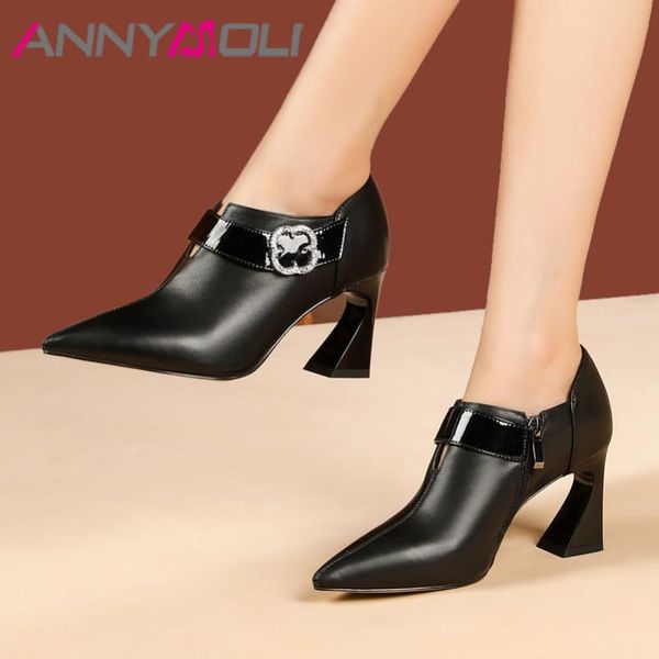 

annymoli high heels women pumps natural genuine leather strange style high heels shoes real leather zipper shoes lady size 33-40, Black