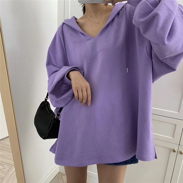 

ef fork sweater pullover v neck pullover bat sleeve mid long hoodie women's korean east gate loose hem large side slit sweater women fa, Black