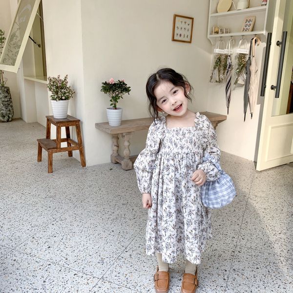 

2021 spring new girls dresses floral long puff sleeve square collar retro style princess dresses kids clothes e607, Red;yellow