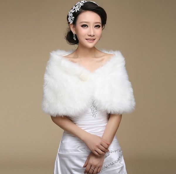 

2020 fashion elegant warm faux fur ivory bolero wedding wrap shawl bridal jacket coat accessories pearl, White