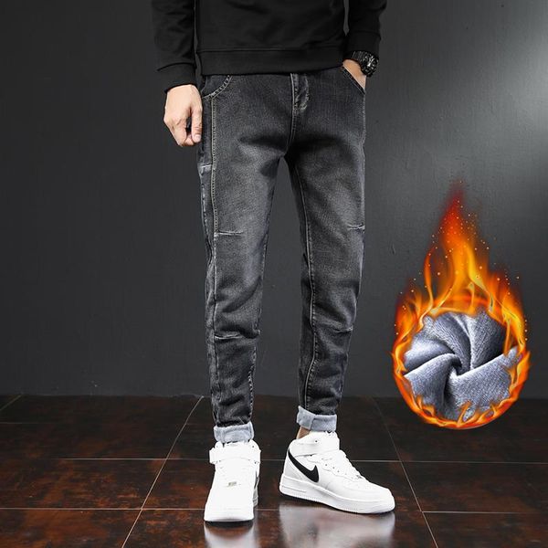 

hcxy brand 2020 new fashion mens plus velvet jeans tide brand straight thick mens denim trousers casual warm denim pants male, Blue