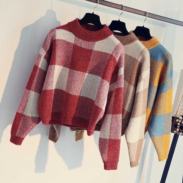 

women's sweaters cold-proof long-sleeved warm knit sweater cashmere round neck plaid women autumn and winter1, White;black