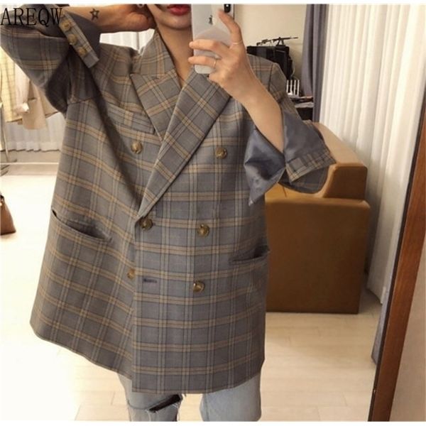 

retro blue large checked double-breasted loose oversize casual suit jacket women blazers t200716, White;black