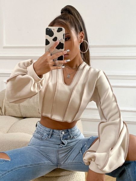 

lantern sleeve contrast stitch crop pullover n0ln#, White;black