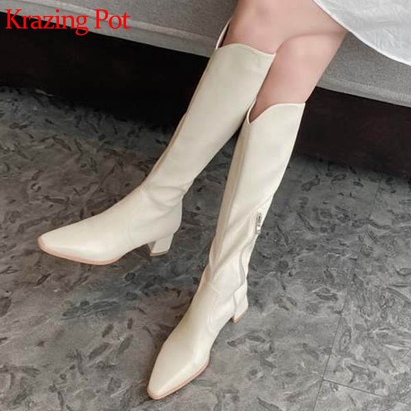 

boots krazing pot square toe cow leather zipper med heels thigh high winter solid color keep warm stovepipe knee-high l28, Black