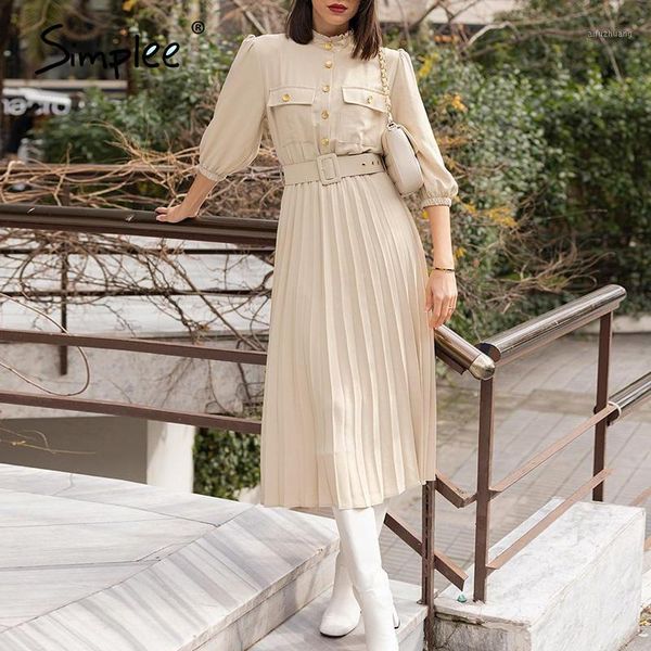 

simplee a-line holiday female midi dress ruffled three quarter sleeve pleated dress elegant belt office ladies pocket1, Black;gray