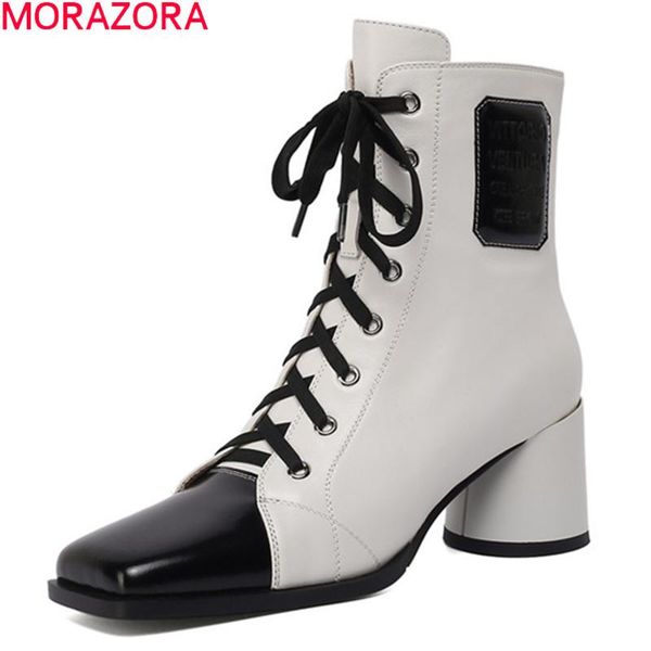 

morazora genuine leather boots fashion square toe high heels boots women autumn winter black white color ankle shoes