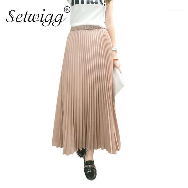 

setwigg 90cm long chiffon accordion pleated skirts elastic waist belt casual candy maxi long bohemian summer skirts sg031, Black