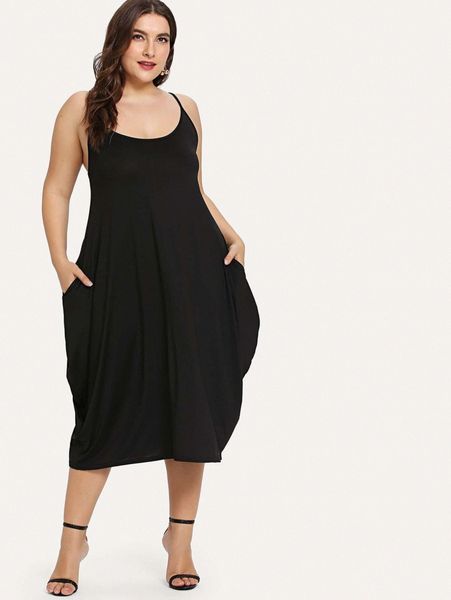 

plus hidden pocket solid cami dress i3pj#, Black
