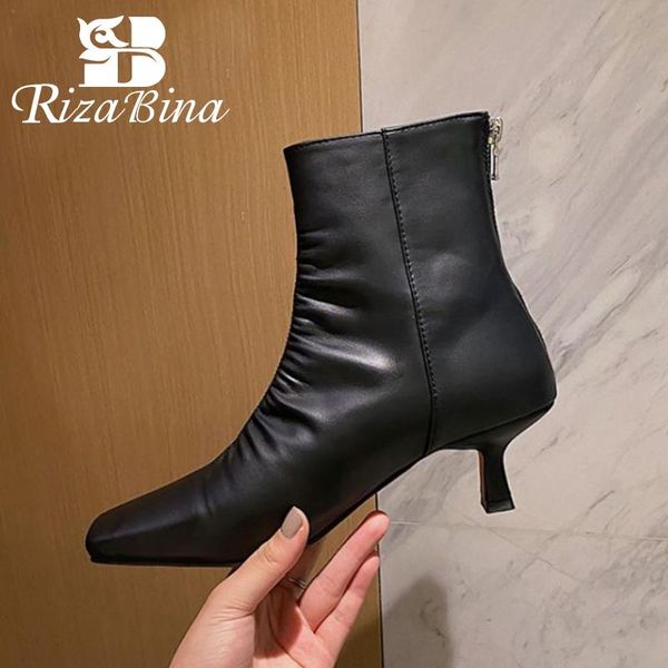 

rizabina woman ankle boots real leather zipper thin high heel winter shoe woman warm short boot fashion footwear size 33-40, Black