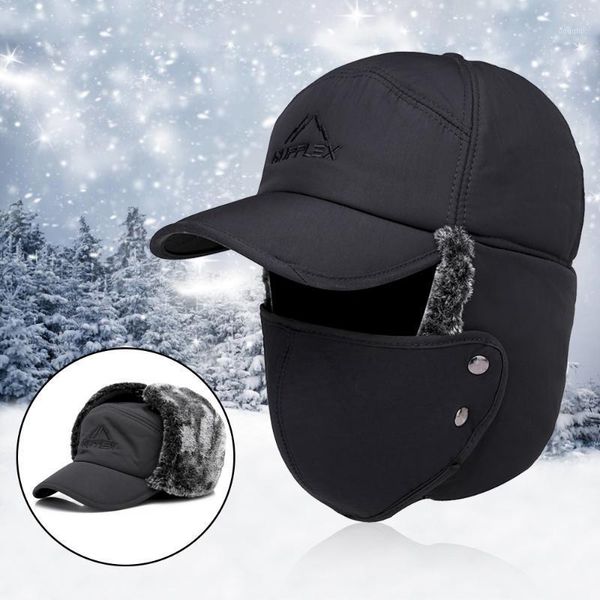 

men women hats caps mask set earmuffs thickened warm winter for outdoor cycling coldproof windproof cotton cap hunting hat masks1, Black