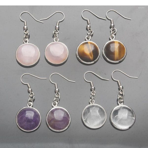 

new onyx tiger eye aventurine howlite clear crystal rose pink quartz amethysts stone disc inlaid hook dangle earrings 1 pair1, Silver