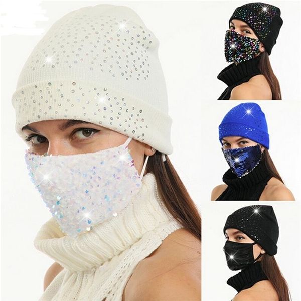 

sequins crystal diamond mask and beanie 2pcs/sets glitter shinny knit cap crochet hats with face mask bonnet mask earmuffs ski caps e122809, Yellow