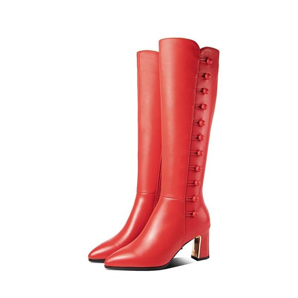 

осень зима новая мягкая кожа женщин колено высокие сапоги мода сжатый молнии обувь женщина высокие каблуки черный красный повседневный длинн, Black