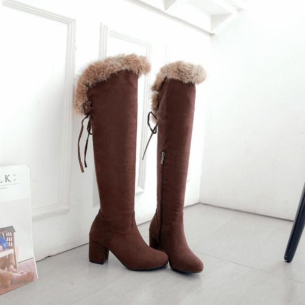

boots winter style warm knee high snow women heels true fur shoes size 34-43, Black