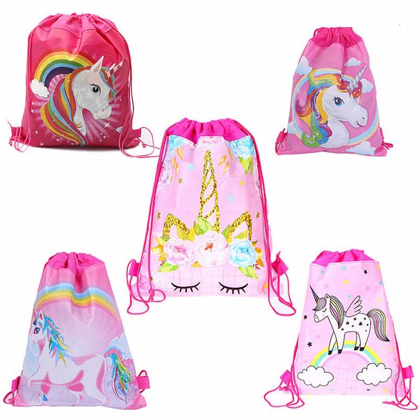 Desenhos animados unicórnio cordão saco não-tecido sacos de estilingue mochilas mochilas cute escola bolsa meninos meninas pacote de bolso packpack presente presente de natal