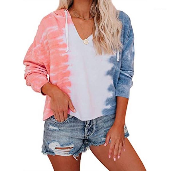 

women long sleeve drawstring hoodies gradient contrast colored tie-dye print sweatshirt v-neck casual loose pullover, Black
