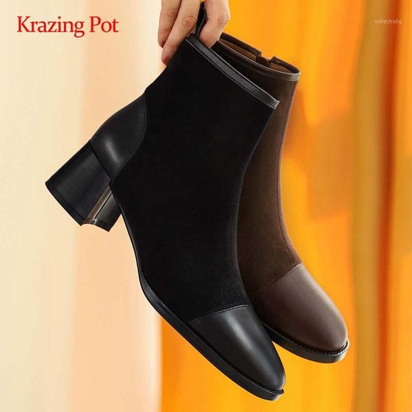 

krazing pot 2020 large size popular real leather patchwork gorgeous round toe thick high heel zipper beauty lady ankle boots l121, Black