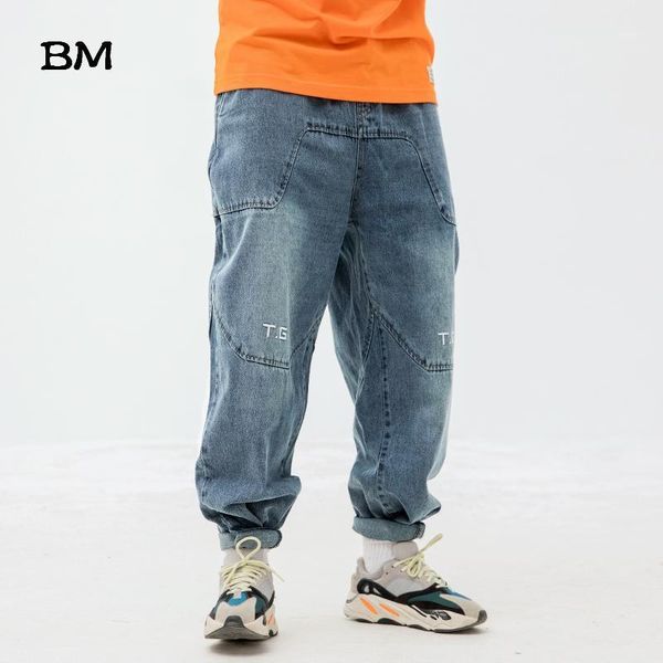 

spring blue elastic waist denim trousers streetwear harem jeans male hip hop casual overalls loose harajuku jogger jeans men1