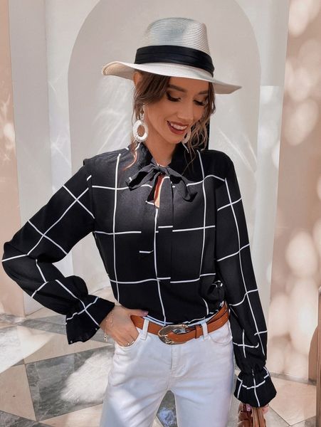 

grid print tie neck flounce sleeve blouse q7ly#, White
