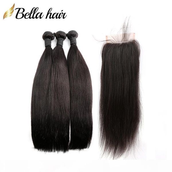 

lace closure with bundles indian virgin remy human hair extensions weft 3pcs+1pc lace closure 4x4 part silky straight bellahair, Black