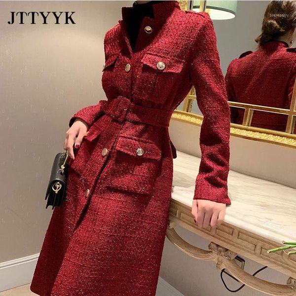 

women autumn winter wool coat new fashion tweed long outwears female single breasted coats with belt ladies slim woolen overcoat1, Black