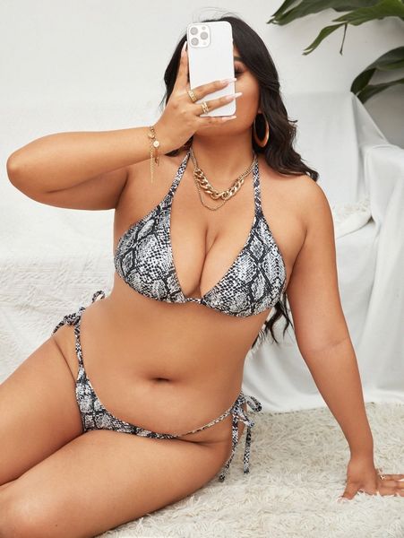 

plus snakeskin print halter triangle bikini swimsuit 862f#, Black