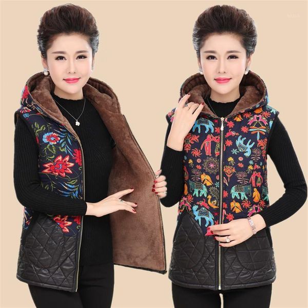 

autumn winter hooded vest women casual flower printing waistcoat plus velvet thick outerwear plus-size sleeveless ladies 1, Black;white