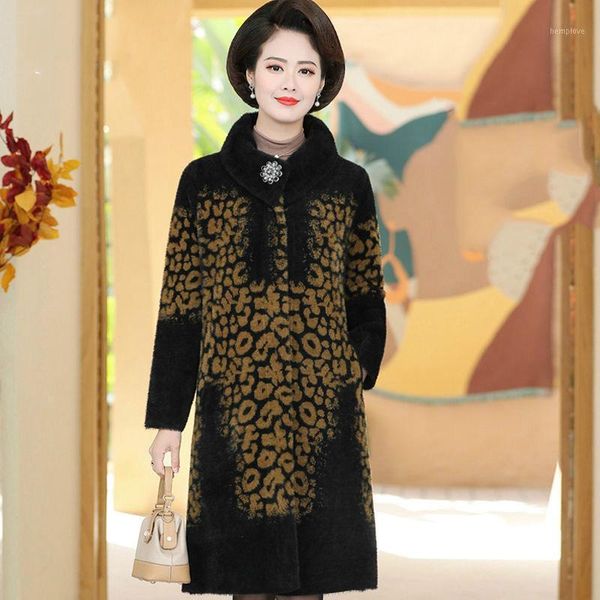 

women 2021 autumn winter faux fur coat imitation mink cashmere wool jackets plus size middle aged mother thick warm outwear s7141, Black