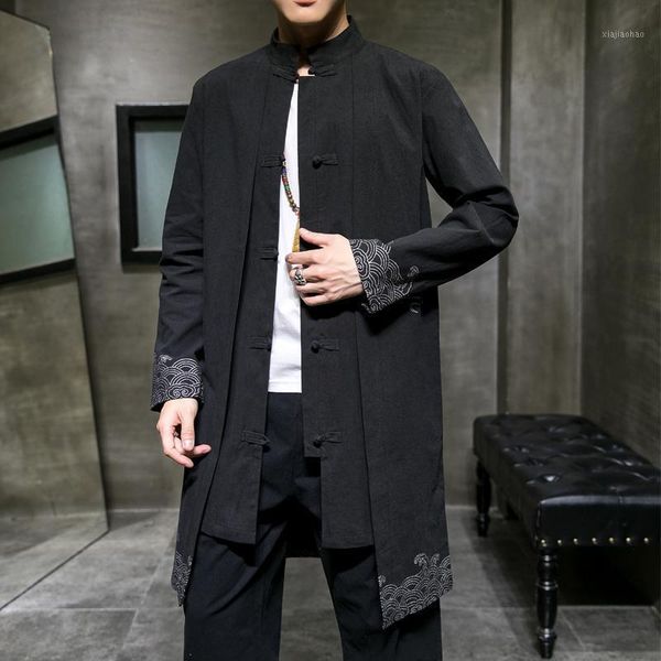 

men loose vintage cotton linen trench coat men fake two pieces cardigan streetwear coat male long chinese style windbreaker 5xl1, Tan;black
