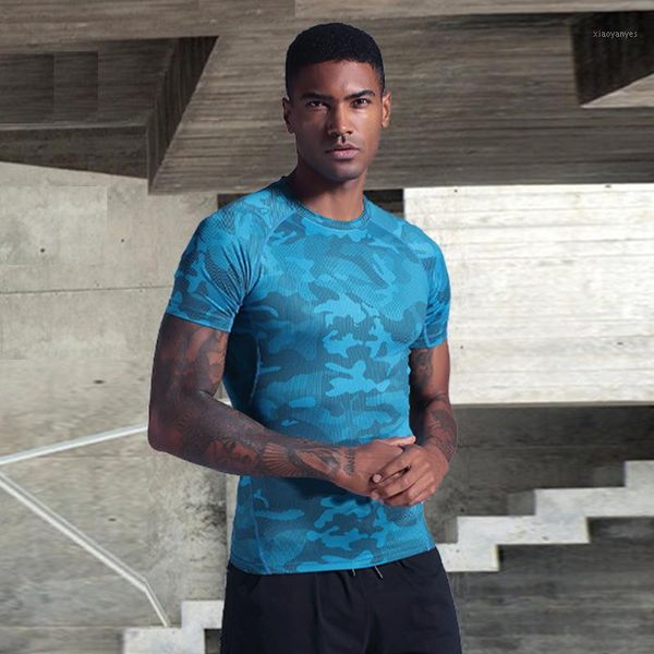 

running jerseys tights men's camouflage fitness suit quick drying basketball training muscle vest summer short sleeve sports shaping t-, Black;blue