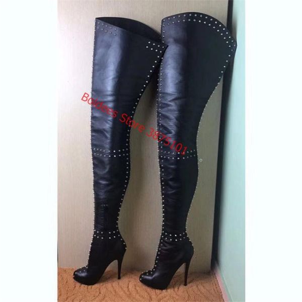 

new women over the knee boots rivets stiletto high heels boots round toe black night club shoes women