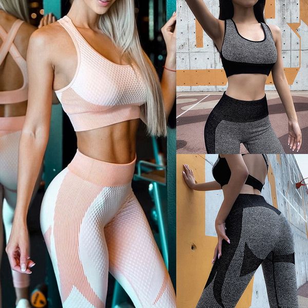 

yoga outfits 2 pcs sets seamless fitness clothing sportswear high waist women gym leggings tights padded push-up sports bra set, White;red